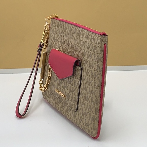 Michael Kors Jet Set LG 2 in 1 card case wristlet Wallet CARMINE PINK SIGNATURE - Picture 7 of 15